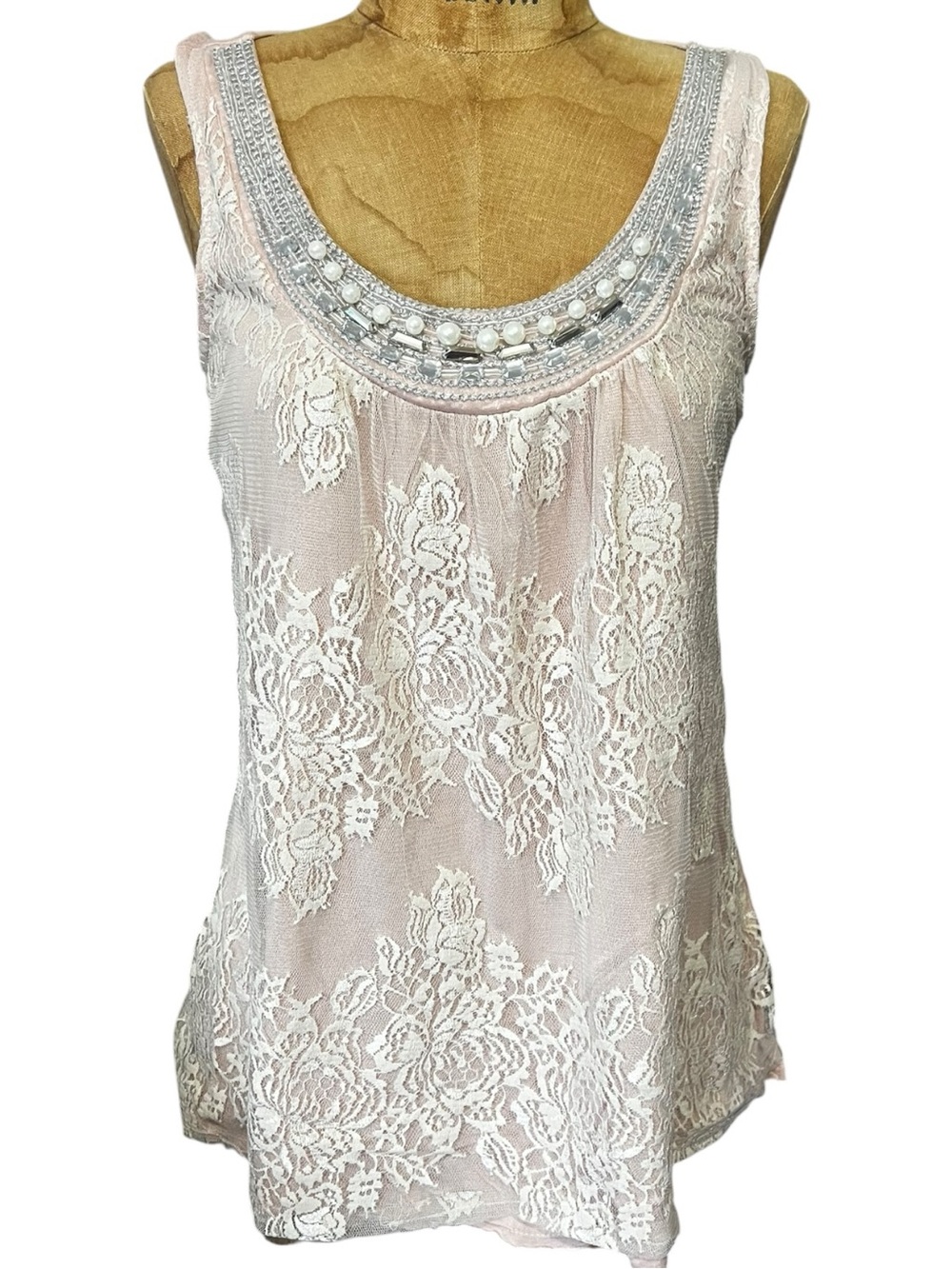 Lush Pink Lace Overlay Beaded Scoop Neck Camisole
